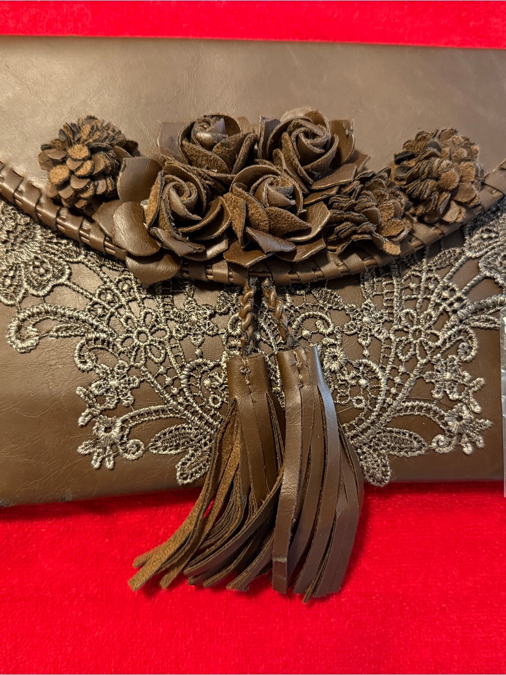 Imoshion Brown Floral Tassel Clutch with Embroidered Detail